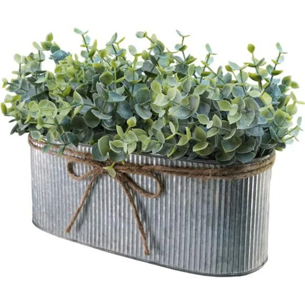 Artificial eucalyptus arrangement rustic galvanized planter farmhouse table deco